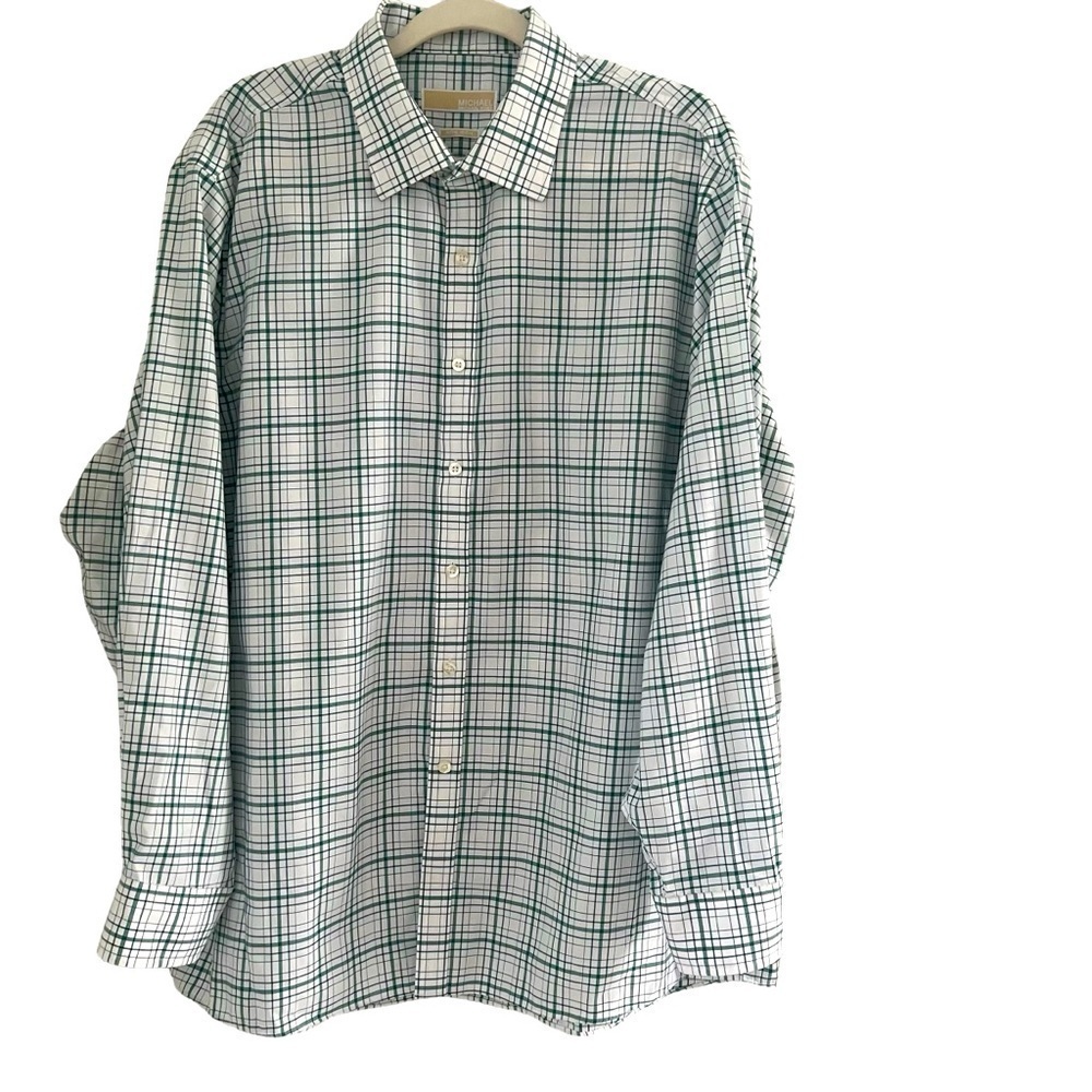 MICHAEL Michael Kors Green White Plaid Button Up Dress Shirt 18 34/35 Non Iron